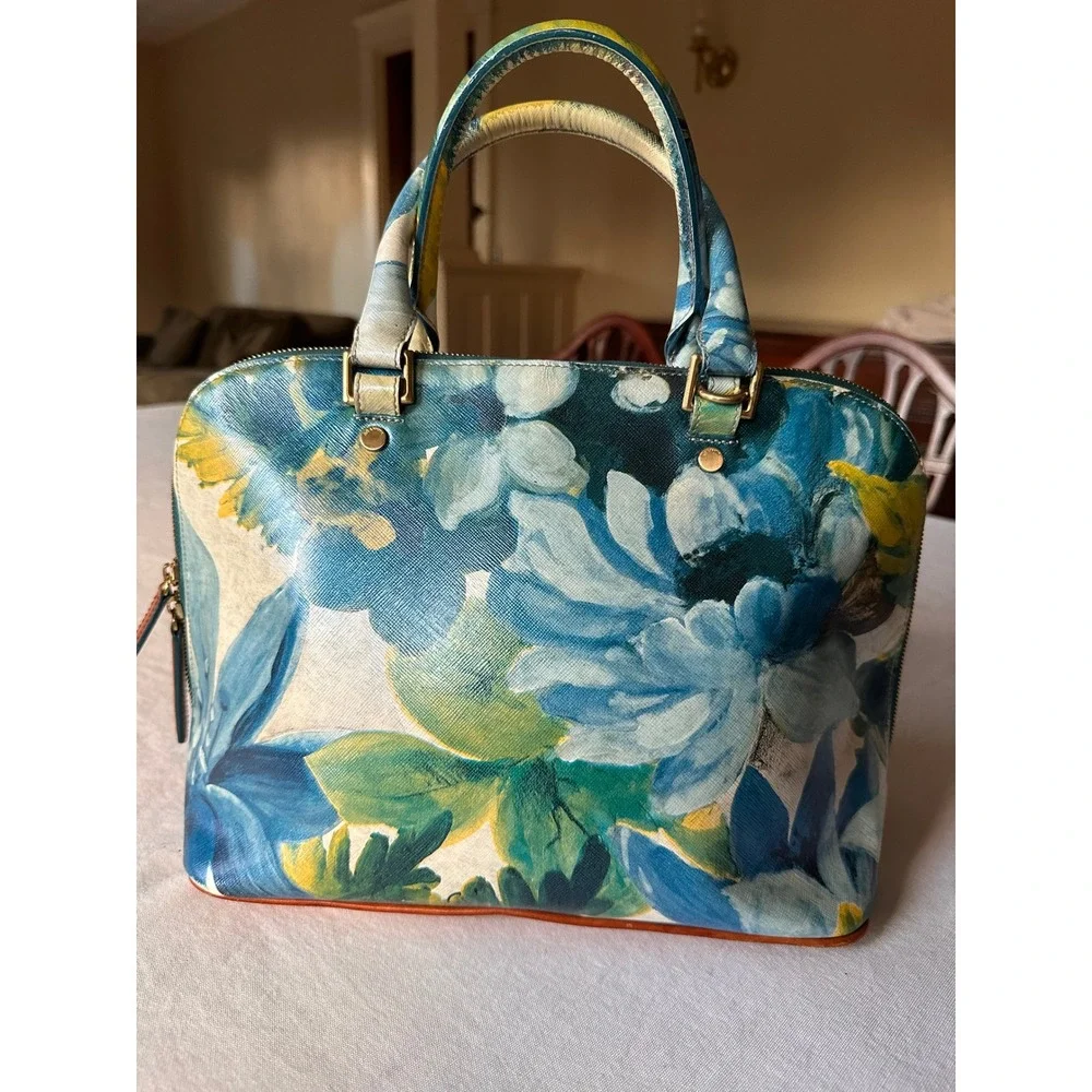 Brahmin Duxbury Satchel Floral Blue Yellow Leather Dome Bag Gold Hardware